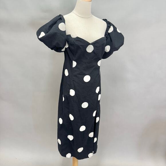 H&M Black Polka Dot Midi Dress Puff Sleeve Sweetheart Neckline Size XL - Picture 8 of 16